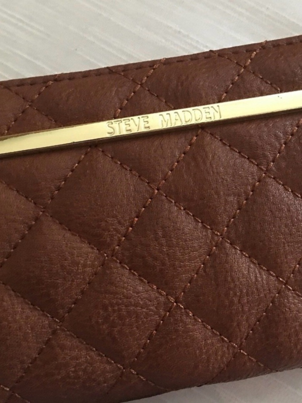 Steve Madden Quilted Chestnut Wallet with Gold Bar